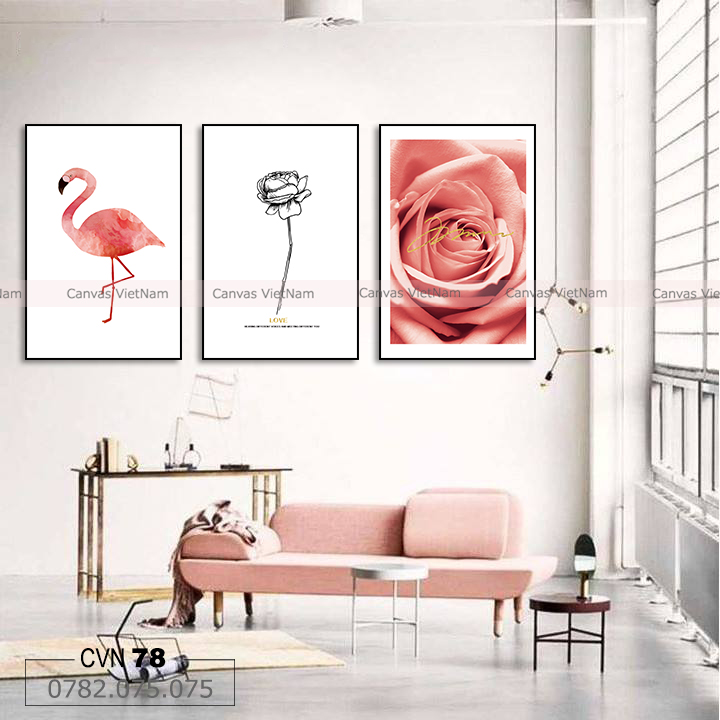 Bộ 3 tranh hiện đại hoa hồng và hồng hạc