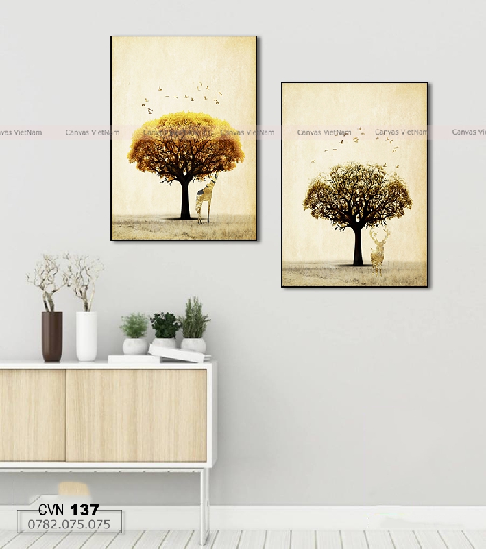 Bộ 2 tranh canvas cây lá vàng-137